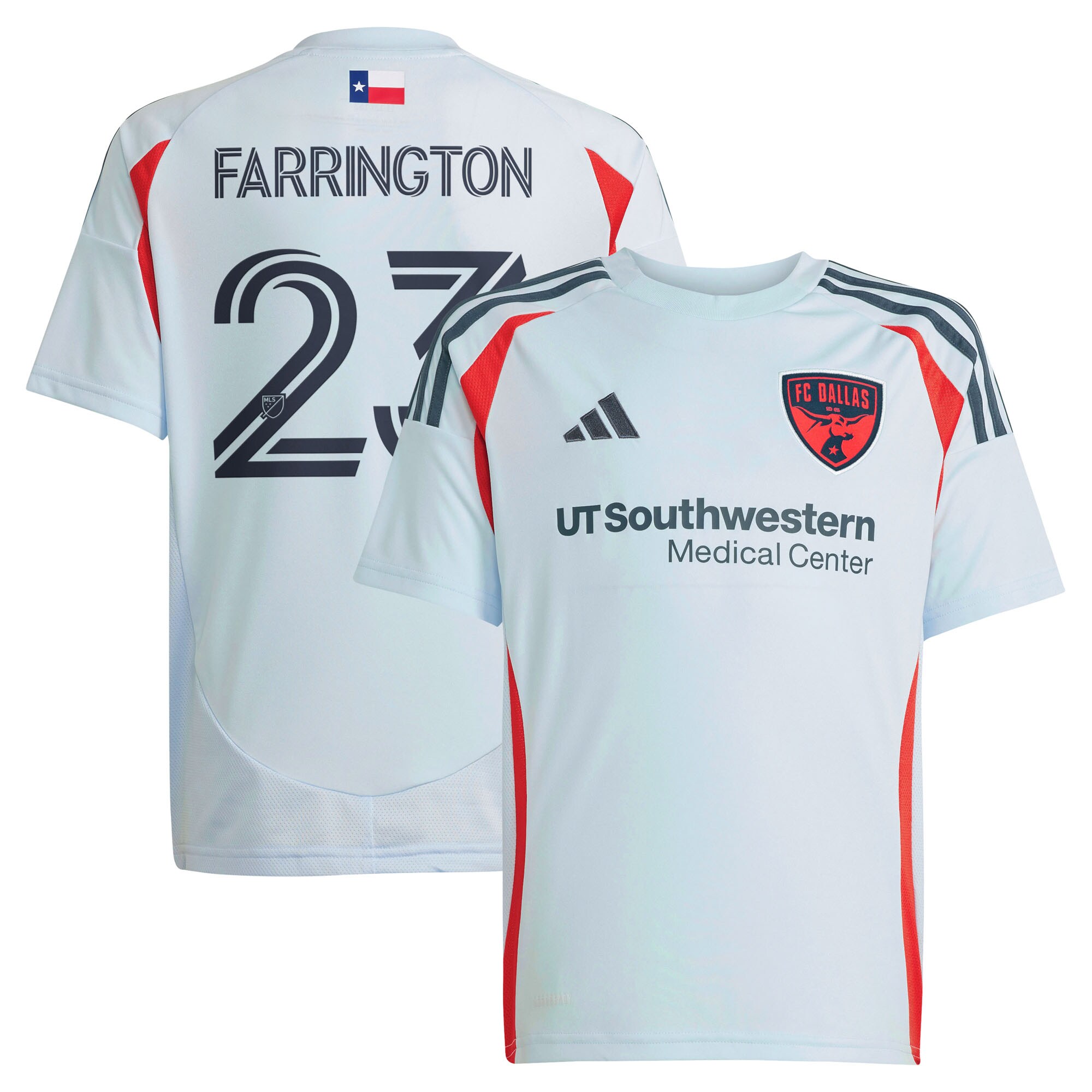 youth fc dallas logan farrington adidas light blue 2025 the inferno kit replica player jersey | LA Galaxy Jerseys and Fan Gear | MLS Apparel