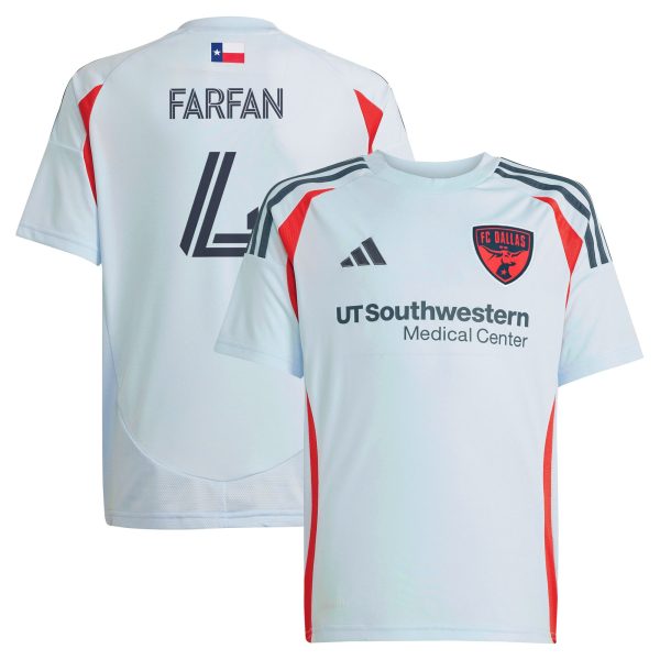 youth fc dallas marco farfan adidas light blue 2025 the inferno kit replica player jersey | LA Galaxy Jerseys and Fan Gear | MLS Apparel