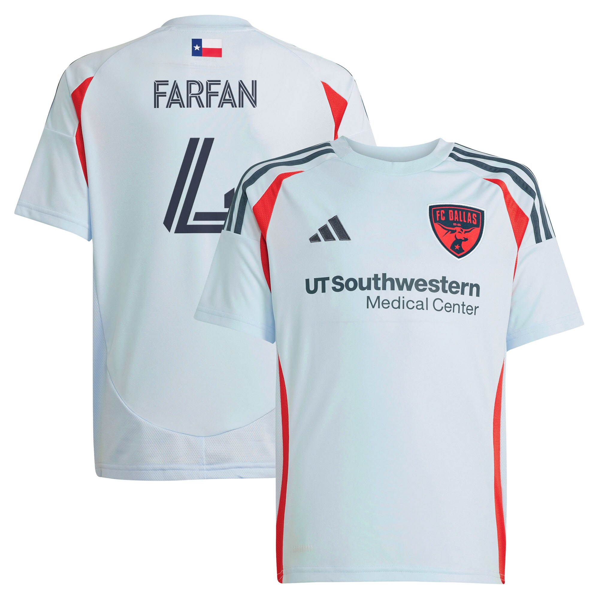 youth fc dallas marco farfan adidas light blue 2025 the inferno kit replica player jersey | LA Galaxy Jerseys and Fan Gear | MLS Apparel